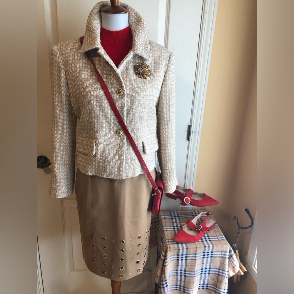 White House Black Market Cream Tweed Jacket with Red Accents